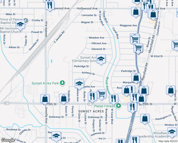 map of restaurants, bars, coffee shops, grocery stores, and more near 6601 Burke Street in Shreveport