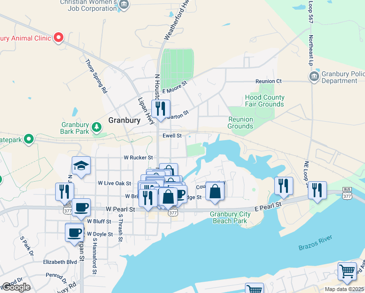map of restaurants, bars, coffee shops, grocery stores, and more near 507 North Brazos Street in Granbury