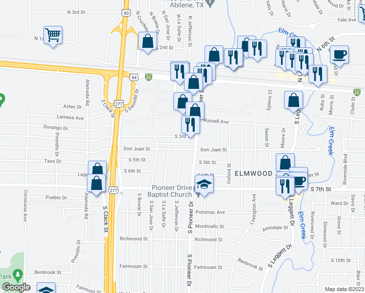 map of restaurants, bars, coffee shops, grocery stores, and more near 4434 Don Juan Street in Abilene