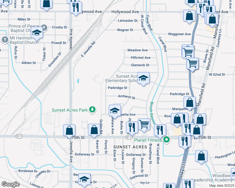 map of restaurants, bars, coffee shops, grocery stores, and more near 3030 Amherst Street in Shreveport