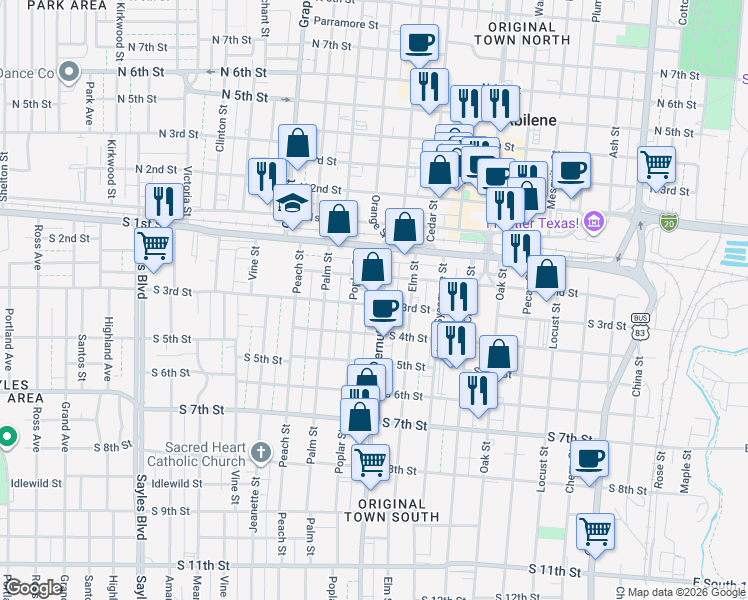 map of restaurants, bars, coffee shops, grocery stores, and more near 242 Butternut Street in Abilene
