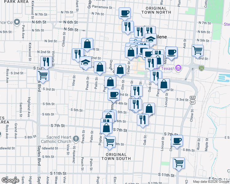 map of restaurants, bars, coffee shops, grocery stores, and more near 242 Butternut Street in Abilene