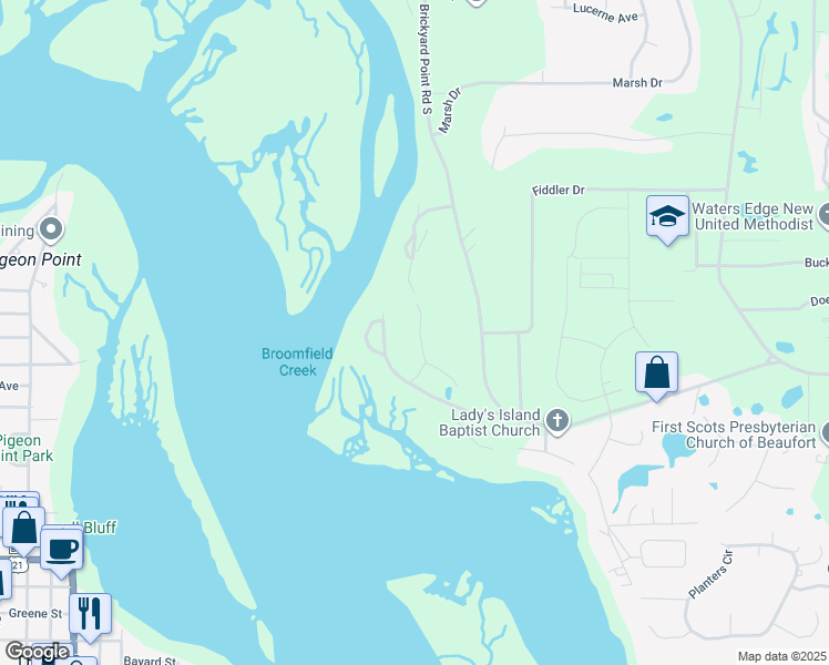 map of restaurants, bars, coffee shops, grocery stores, and more near 20 Colony Gardens Road in Beaufort