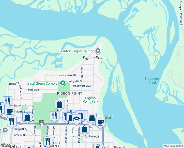 map of restaurants, bars, coffee shops, grocery stores, and more near 1903 Pigeon Point Road in Beaufort