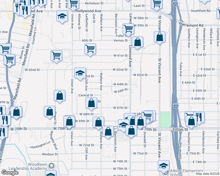 map of restaurants, bars, coffee shops, grocery stores, and more near 508 West 65th Street in Shreveport