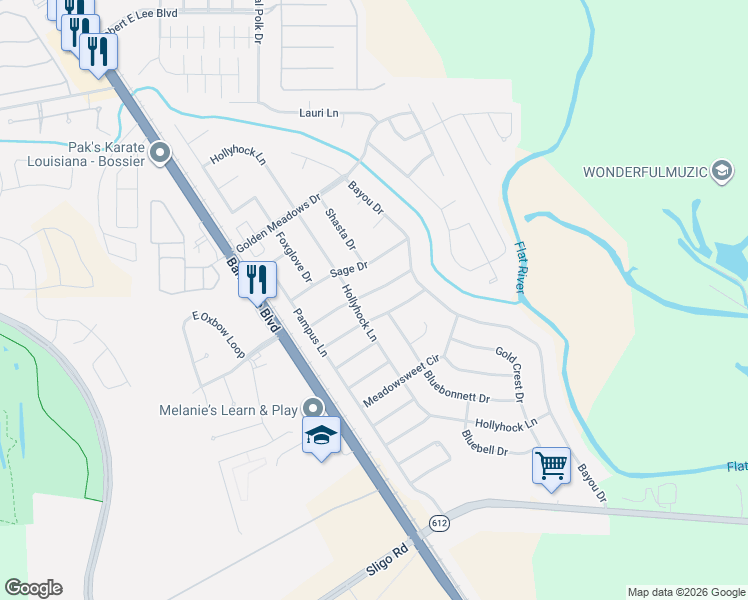 map of restaurants, bars, coffee shops, grocery stores, and more near 5413 Mulberry Drive in Bossier City
