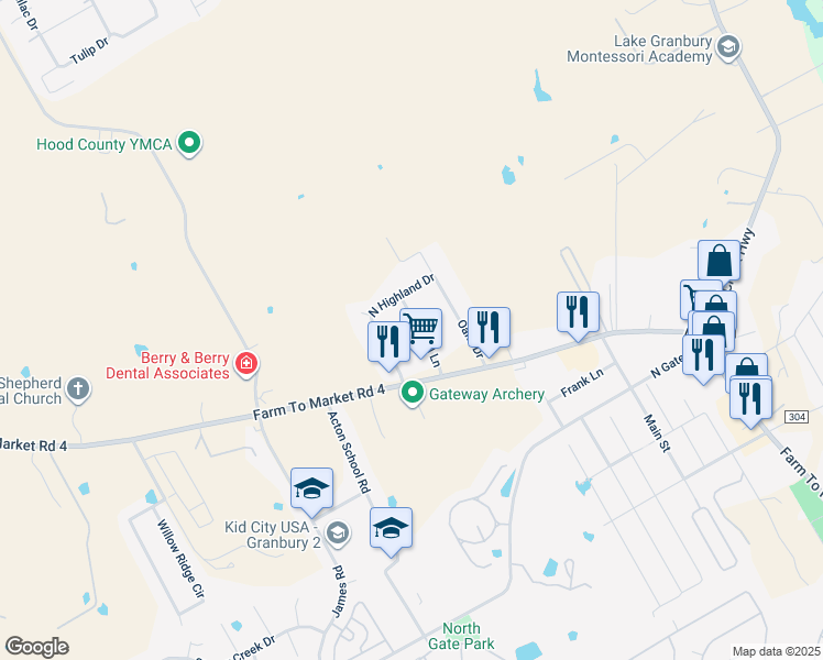 map of restaurants, bars, coffee shops, grocery stores, and more near 2606 Royal Lane in Granbury