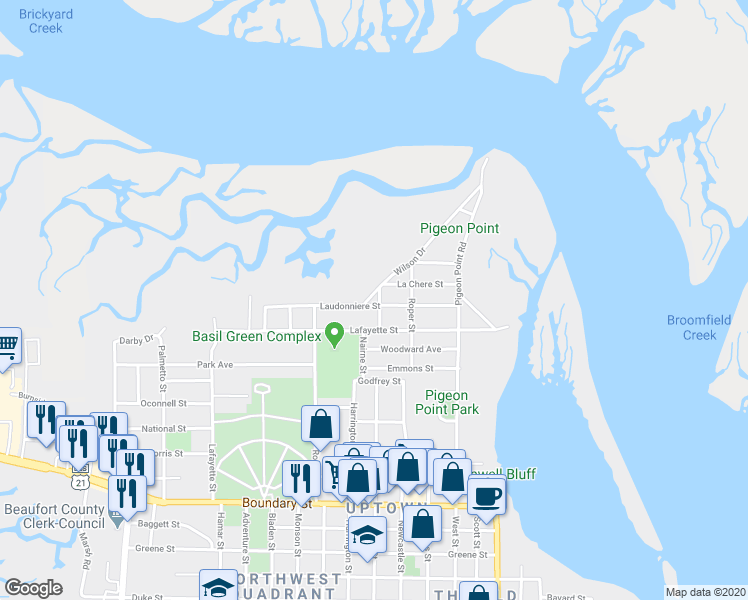 map of restaurants, bars, coffee shops, grocery stores, and more near 2103 Wilson Drive in Beaufort