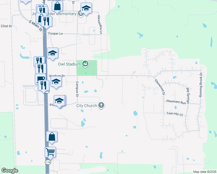 map of restaurants, bars, coffee shops, grocery stores, and more near 521 Apple Street in Joshua