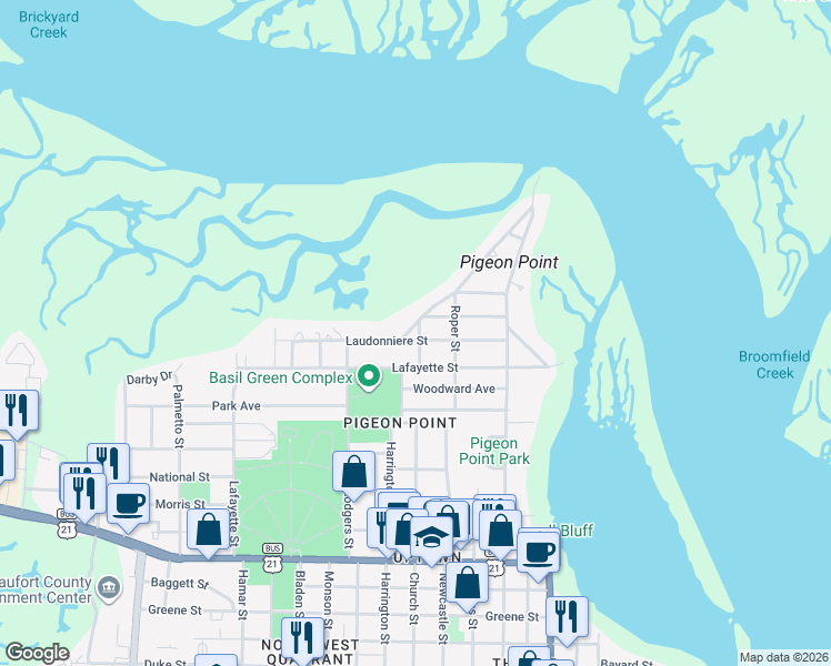 map of restaurants, bars, coffee shops, grocery stores, and more near 2103 Wilson Drive in Beaufort