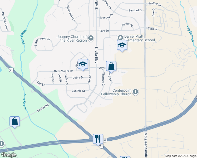map of restaurants, bars, coffee shops, grocery stores, and more near 312 Sheila Boulevard in Prattville