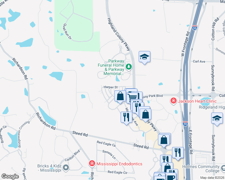 map of restaurants, bars, coffee shops, grocery stores, and more near 604 Northlake Avenue in Ridgeland