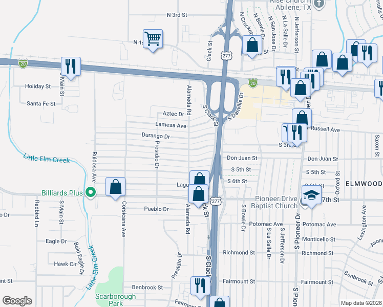 map of restaurants, bars, coffee shops, grocery stores, and more near 5155 Questa Drive in Abilene