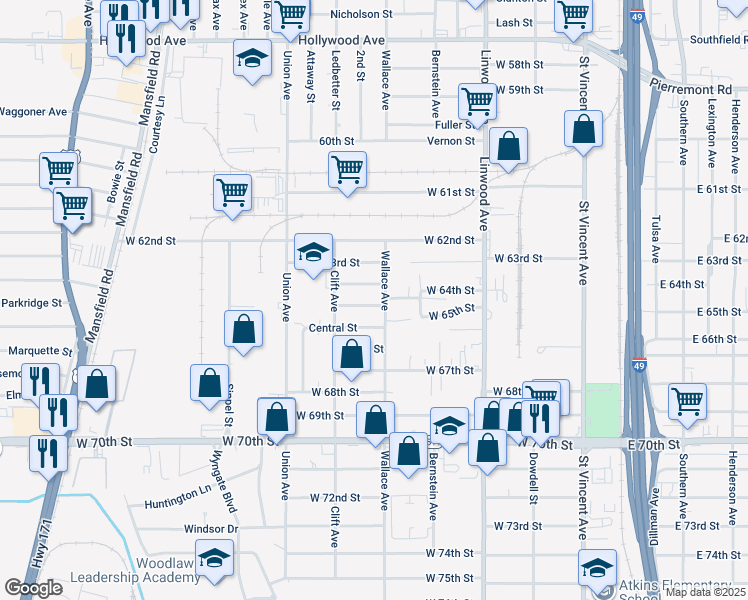 map of restaurants, bars, coffee shops, grocery stores, and more near 616 West 65th Street in Shreveport