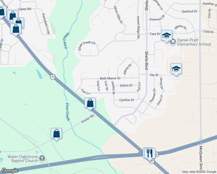 map of restaurants, bars, coffee shops, grocery stores, and more near 115 Lori Street in Prattville