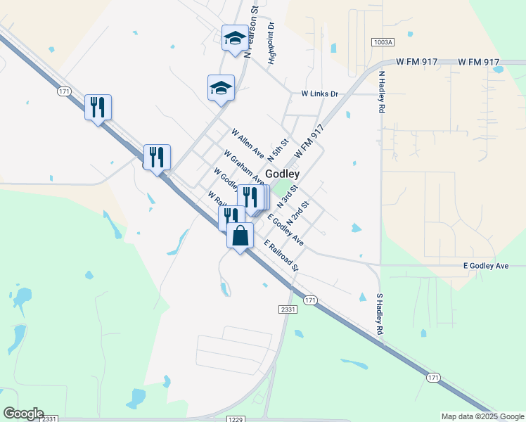 map of restaurants, bars, coffee shops, grocery stores, and more near 205 East Godley Avenue in Godley
