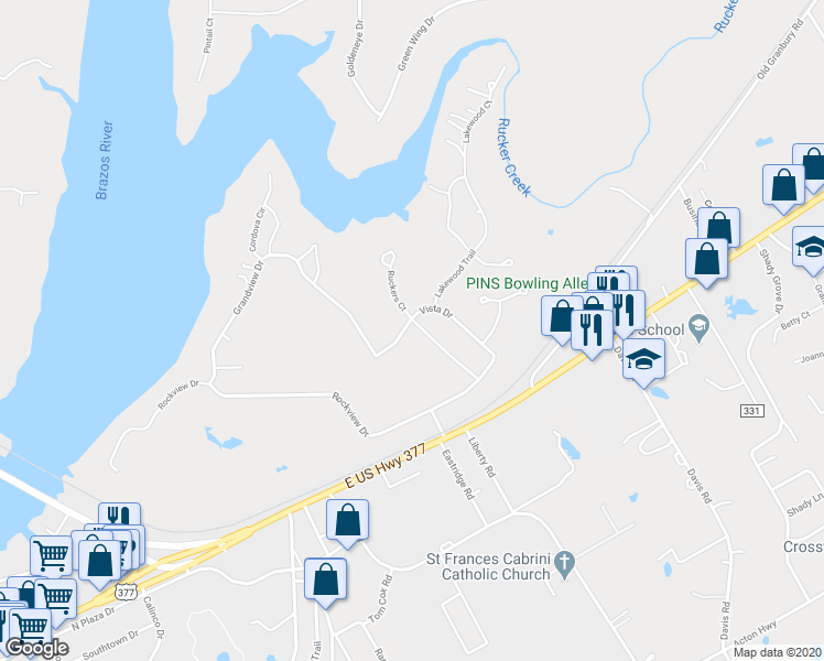 map of restaurants, bars, coffee shops, grocery stores, and more near 306 Vista Drive in Granbury