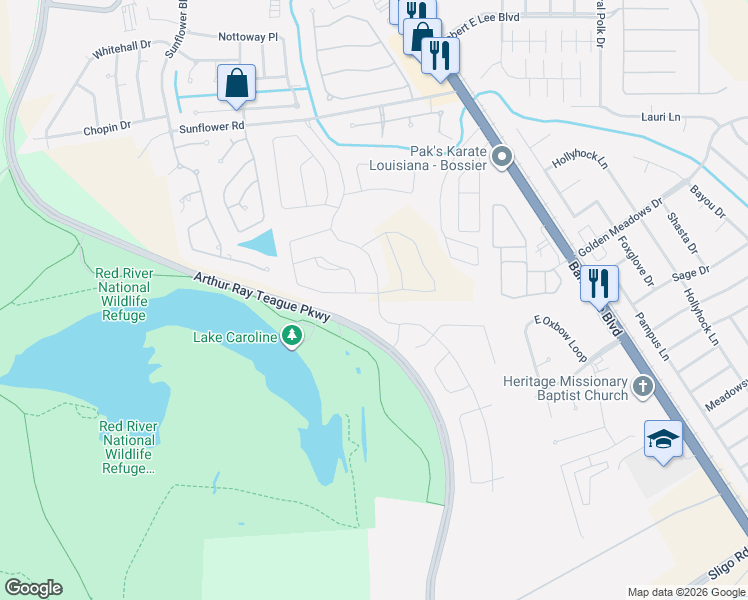 map of restaurants, bars, coffee shops, grocery stores, and more near Arthur Ray Teague Parkway in Bossier City