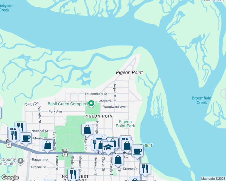 map of restaurants, bars, coffee shops, grocery stores, and more near 1110 Laudonniere Street in Beaufort