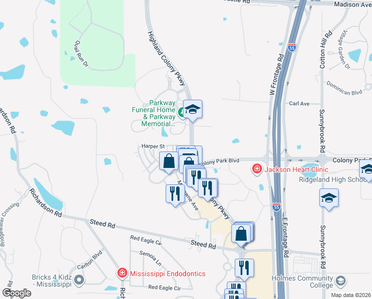 map of restaurants, bars, coffee shops, grocery stores, and more near 300 Eastpark St in Ridgeland