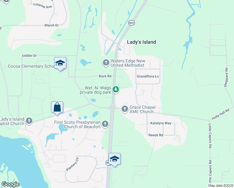 map of restaurants, bars, coffee shops, grocery stores, and more near 374 Sams Point Road in Beaufort