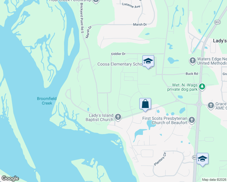 map of restaurants, bars, coffee shops, grocery stores, and more near 47 Fiddler Drive in Beaufort