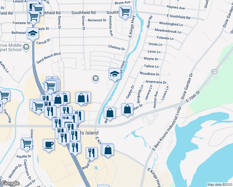 map of restaurants, bars, coffee shops, grocery stores, and more near 6152 River Road in Shreveport