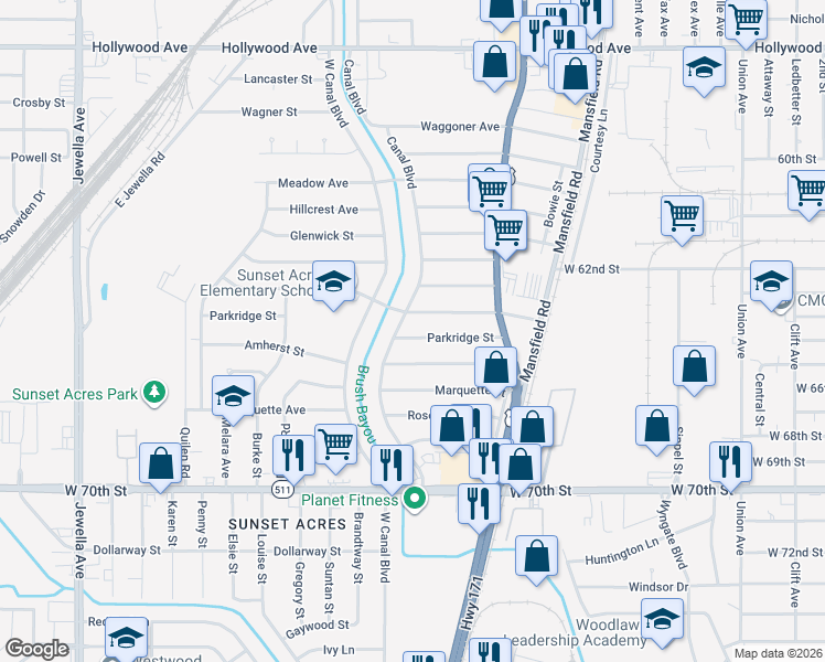 map of restaurants, bars, coffee shops, grocery stores, and more near 2786 Amherst Street in Shreveport