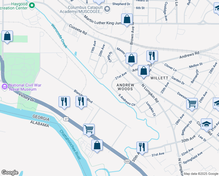 map of restaurants, bars, coffee shops, grocery stores, and more near 2118 South Andrews Circle in Columbus