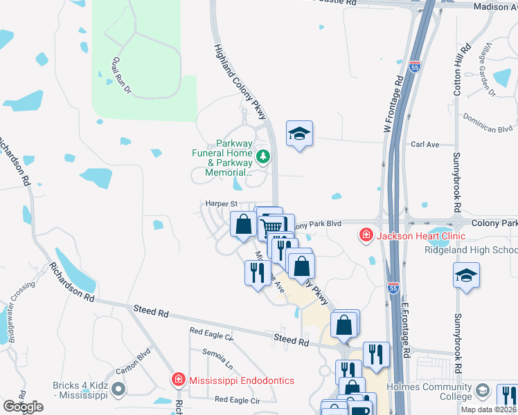 map of restaurants, bars, coffee shops, grocery stores, and more near 300 Eastpark St in Ridgeland