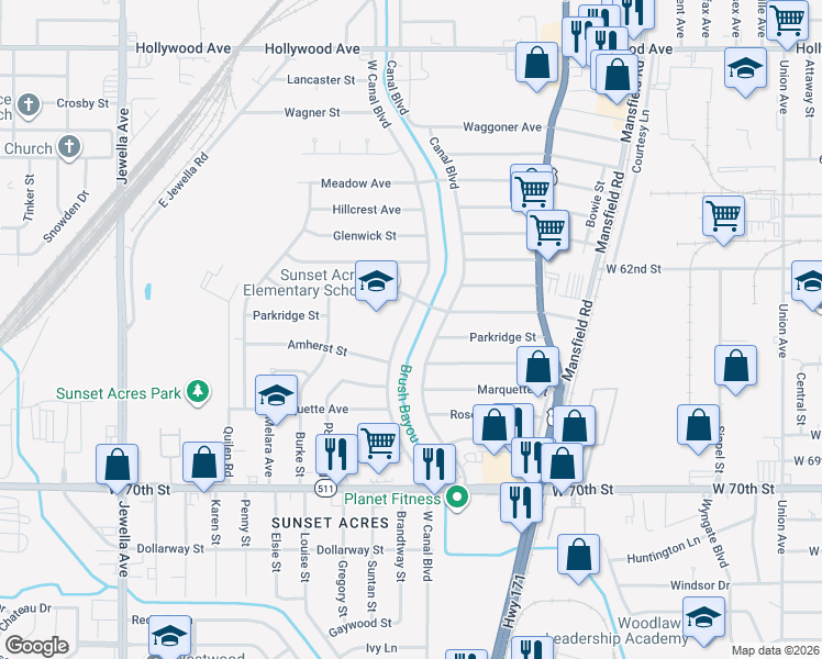 map of restaurants, bars, coffee shops, grocery stores, and more near 6542 Canal Boulevard in Shreveport