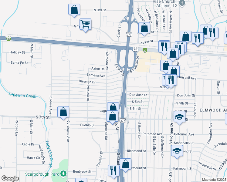 map of restaurants, bars, coffee shops, grocery stores, and more near 5113 Questa Drive in Abilene