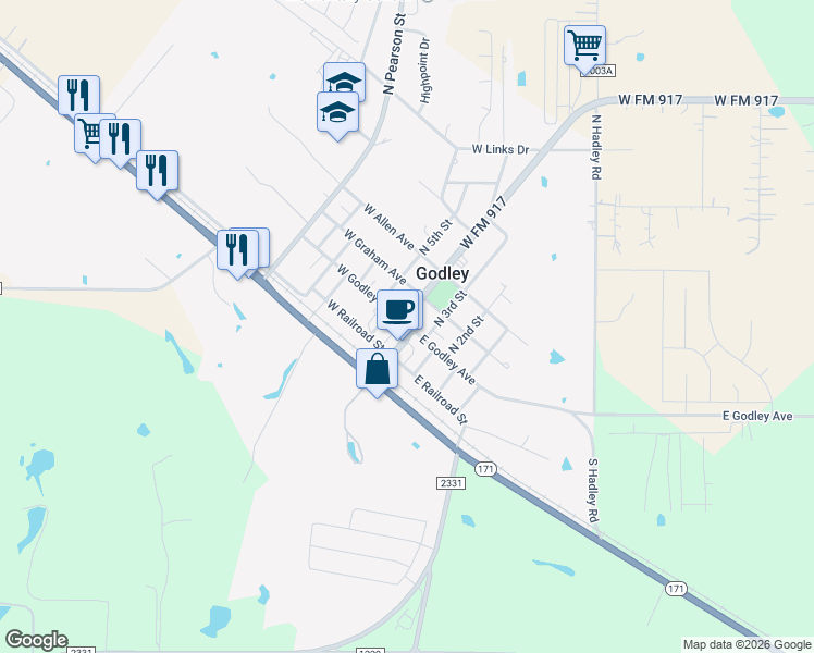 map of restaurants, bars, coffee shops, grocery stores, and more near 116 South Main Street in Godley