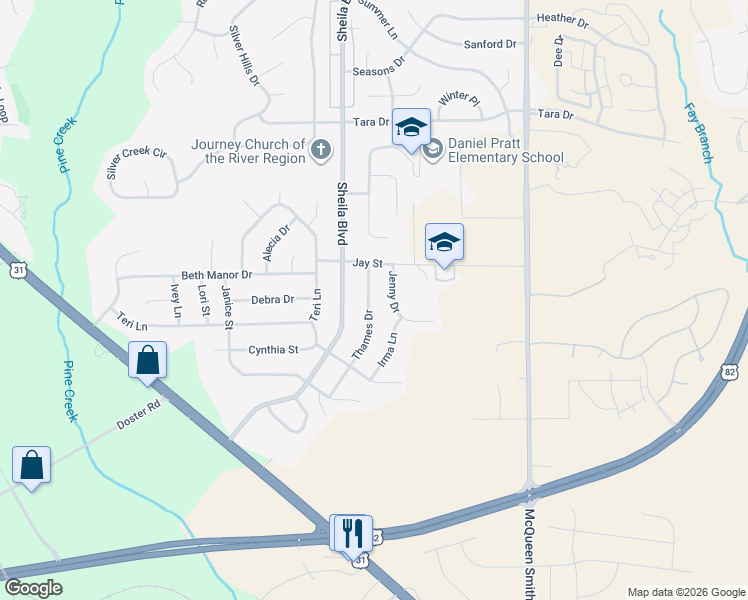 map of restaurants, bars, coffee shops, grocery stores, and more near 138 Thames Drive in Prattville