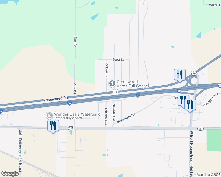 map of restaurants, bars, coffee shops, grocery stores, and more near 7480 Greenwood Road in Shreveport