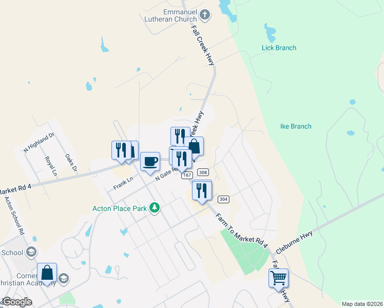 map of restaurants, bars, coffee shops, grocery stores, and more near 2915 Fall Creek Highway in Granbury