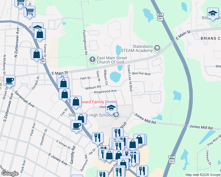 map of restaurants, bars, coffee shops, grocery stores, and more near 403 Wilburn Circle in Statesboro