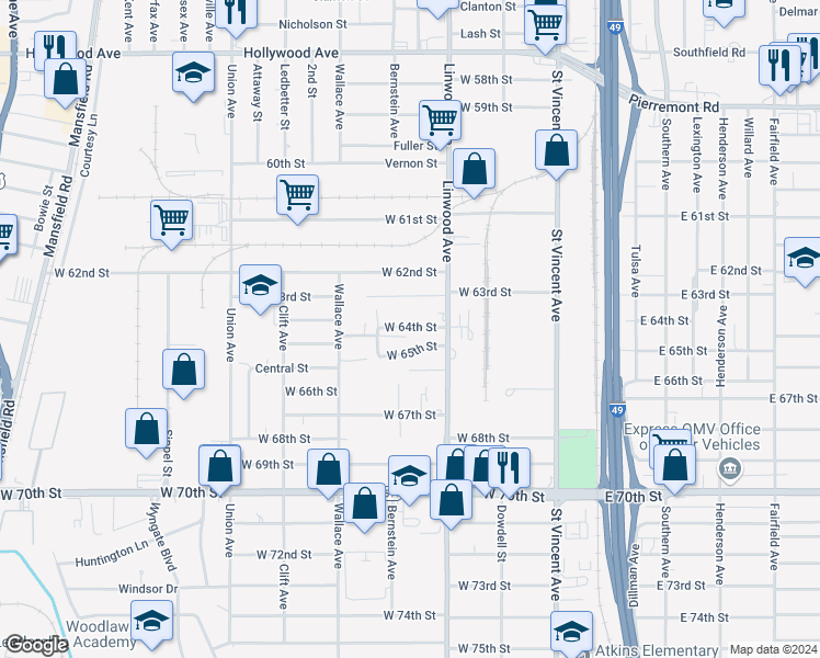 map of restaurants, bars, coffee shops, grocery stores, and more near 411 West 64th Street in Shreveport
