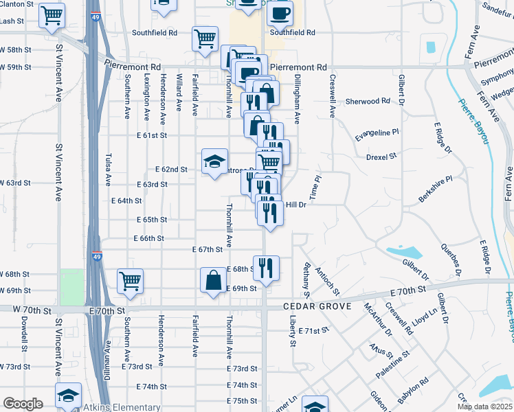 map of restaurants, bars, coffee shops, grocery stores, and more near 6344 Thornhill Avenue in Shreveport