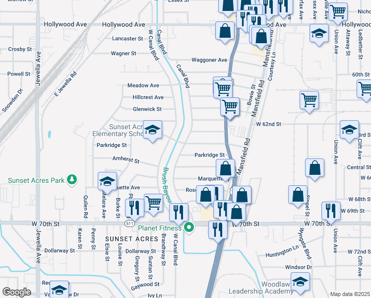 map of restaurants, bars, coffee shops, grocery stores, and more near 6507 Canal Boulevard in Shreveport