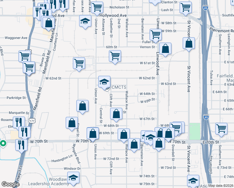 map of restaurants, bars, coffee shops, grocery stores, and more near 616 West 64th Street in Shreveport