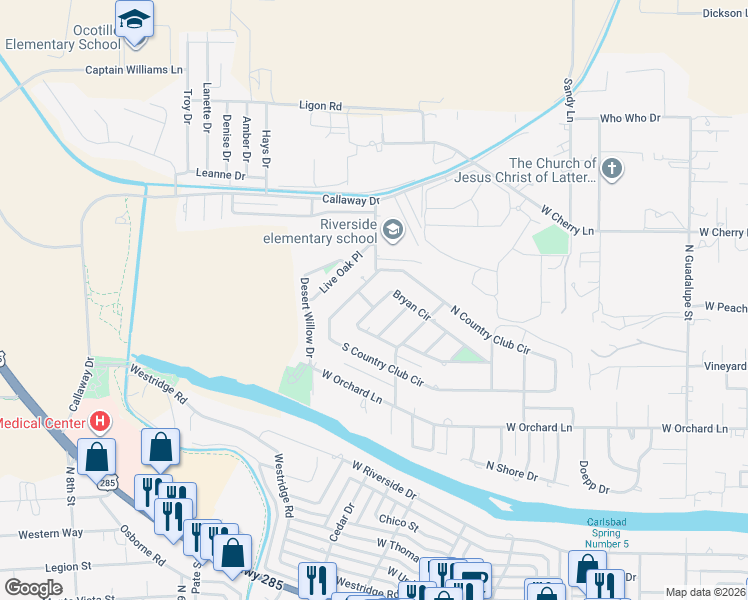 map of restaurants, bars, coffee shops, grocery stores, and more near 1515 Bryan Circle in Carlsbad