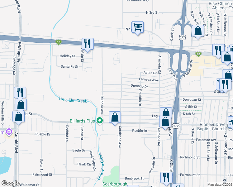 map of restaurants, bars, coffee shops, grocery stores, and more near 5418 Encino Road in Abilene