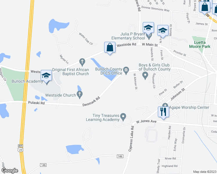 map of restaurants, bars, coffee shops, grocery stores, and more near Pulaski Highway in Statesboro
