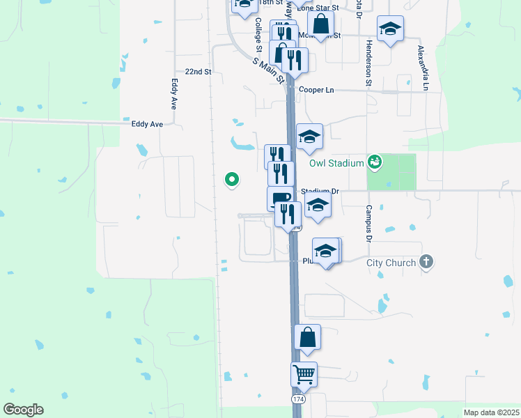 map of restaurants, bars, coffee shops, grocery stores, and more near 1001 Joshua Station Boulevard in Joshua
