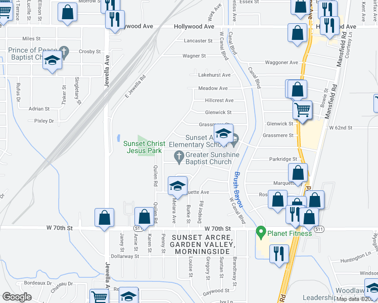 map of restaurants, bars, coffee shops, grocery stores, and more near 3017 Parkridge Street in Shreveport