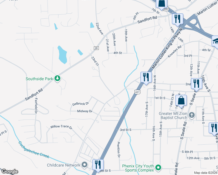map of restaurants, bars, coffee shops, grocery stores, and more near 110 23rd Court in Phenix City