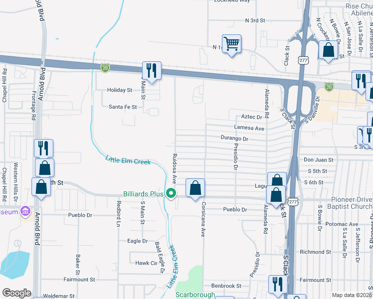 map of restaurants, bars, coffee shops, grocery stores, and more near 5482 Encino Road in Abilene