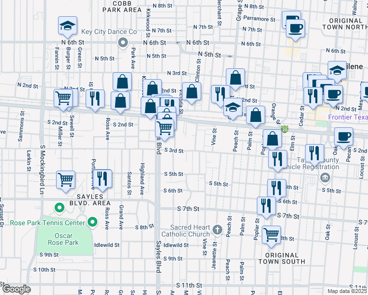 map of restaurants, bars, coffee shops, grocery stores, and more near 1938 South 3rd Street in Abilene