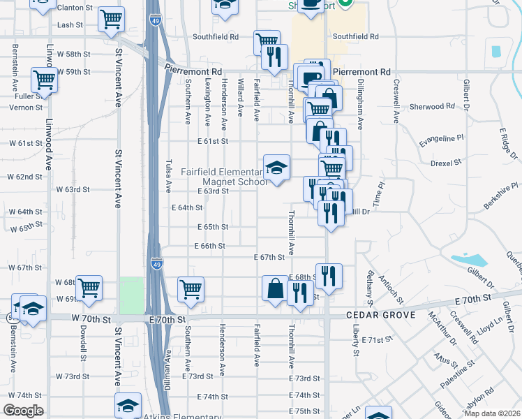 map of restaurants, bars, coffee shops, grocery stores, and more near 6403 Fairfield Avenue in Shreveport
